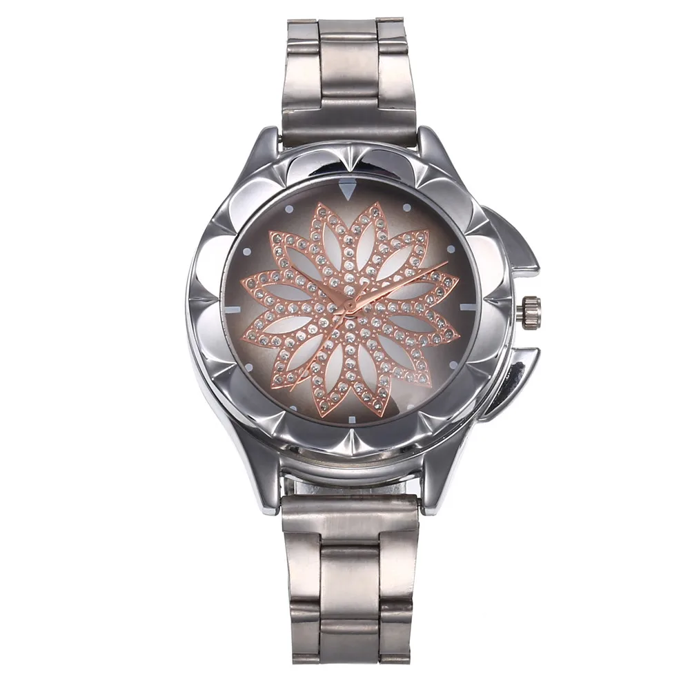 

Popular Quartz Wristwatches Stainless Steel Flower-Shaped Rhinestone Design Women's Watches Leisure Dress Clock Low Price Gift#W