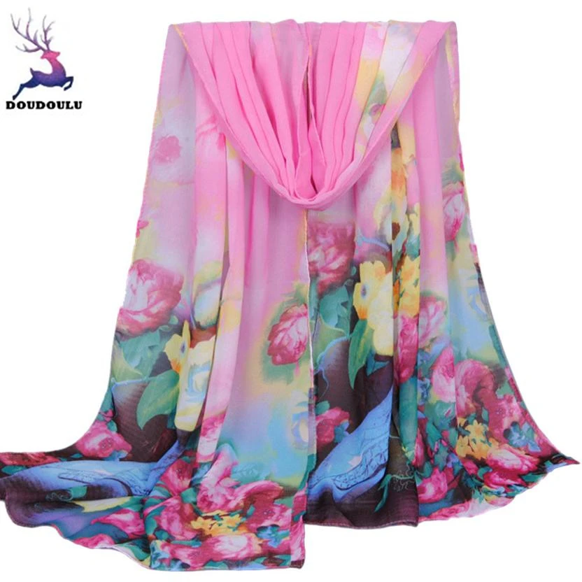

DOUDOULU 2017 HOT Comfortable Women Flower Pattern Long Stole Scarves Shawl Scarf Chiffon Sunscreen scarves echarpe mulher#WM