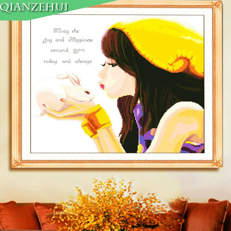 QIANZEHUI Needlework DIY Precision printing warm love Cross stitch Cartoon beautiful girl counted Cross-stitch Wall Home decor | Дом и сад