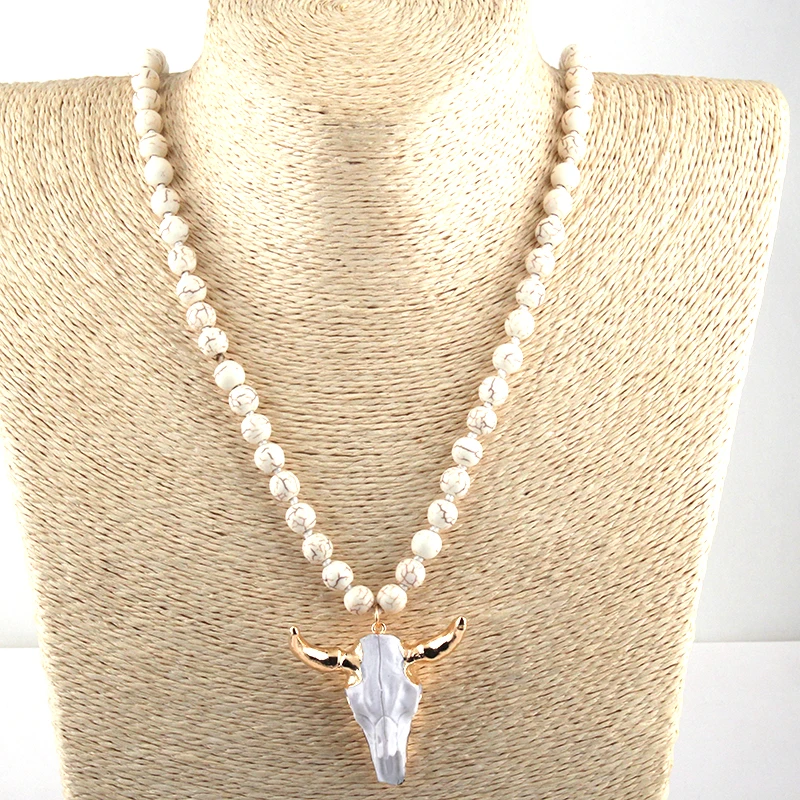 Fashion Bohemian Jewelry Long Knotted Stone Beads 3 Color Horn Pendant Necklace For Women Ethnic Necklace