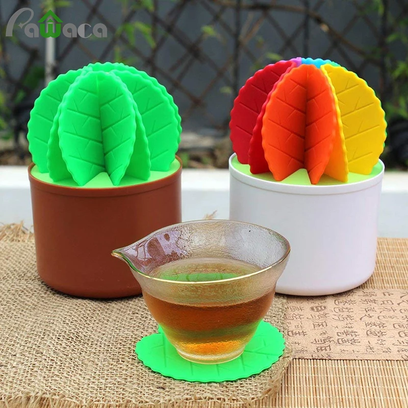 

DIY 6 Leaves Silicone Cactus Coaster Set with Holder Cup Coaster Placemat Drink Coffee Mug Table Mat Pads Home Office Decor Gift
