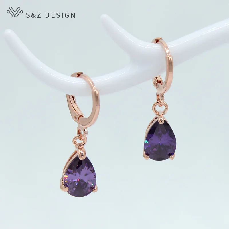 S&Z New 8 Color Zircon 585 Rose Gold Color Water Drop Earrings Korean For Women Fashion Jewelry - Окраска металла: Purple