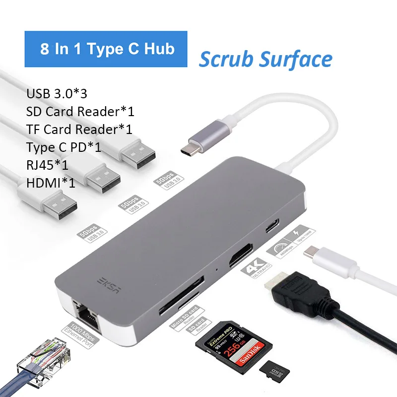 EKSA USB C USB-C концентратор с питанием типа C концентратор 4K HDMI SD/TF кард-ридер RJ45 USB 3,0 концентратор для MacBook Pro huawei P20 Pro - Цвет: 8-in-1-Scrub