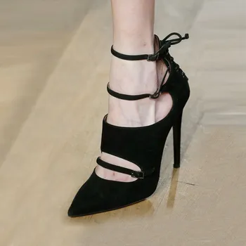 

New Fashion Womans Pointed Toe High Heels Pumps Runway Autumn Sexy Wedding Party Stiletto Shoes Women Lace Up Cutout Black Pumps