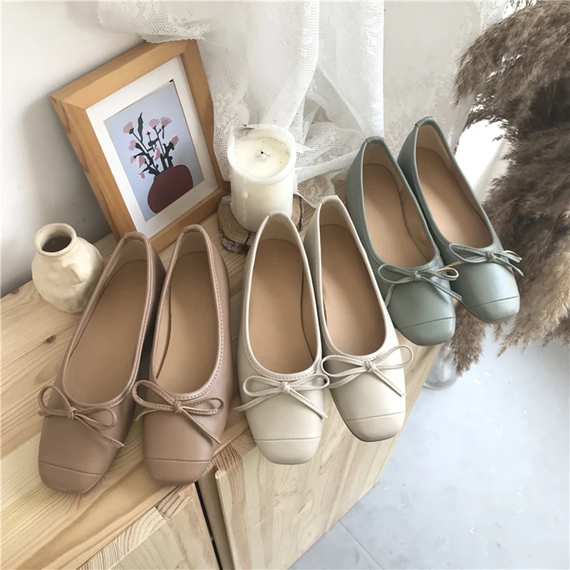 

Boussac Vintage Square Toe Women Flats Shoes Bowtie Ballet Flats Women Solid Slip on Flat Shoes for Women Elegant Ladies Shoes