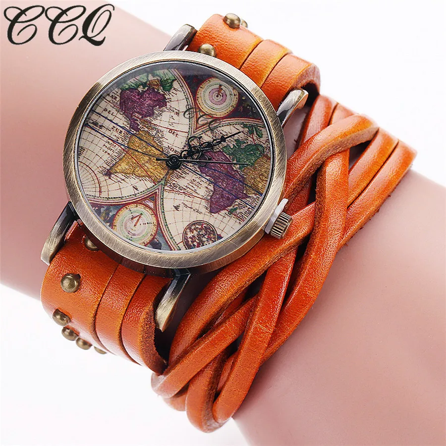 CCQ Brand Fashion Vintage Retro Rivet Braided Genuine Leather World Map Watch Casual Women Quartz Watch Relogio Feminino