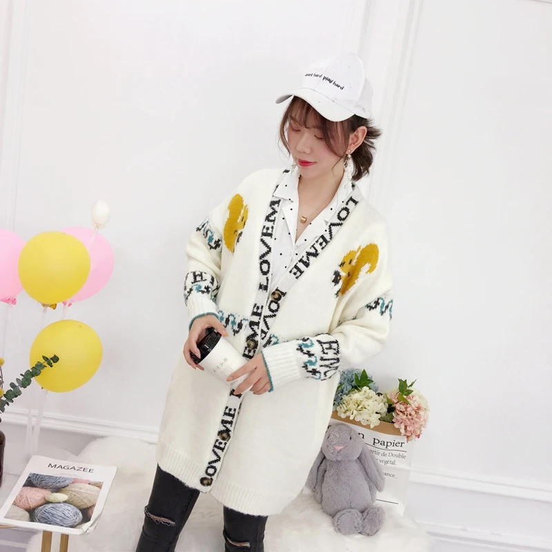 

Kemixiaoxuan New Arrival Autumn Winter Kintted Cardigans Female V Neck Long Sleeve Alphabetical Pattern Sweater Jacket Woman