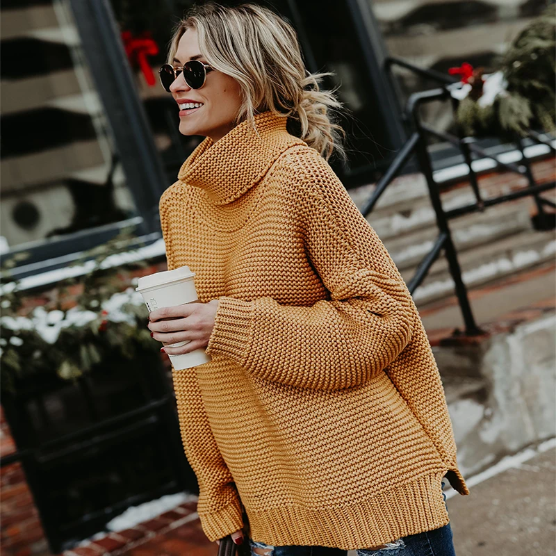 JAPPKBH Winter Sweater Women Fashion Casual Solid Turtleneck Sweater Warm Vintage Loose Long Sleeve Knitted Pullover Sweaters