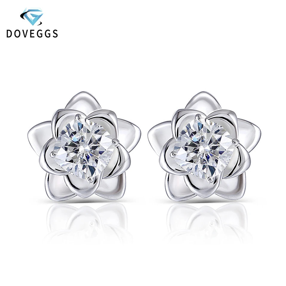 

DovEggs Flower Shaped Platinum Plated Silver 2CTW 6MM Cushion Cut H Color Moissanite Stud Earrings for Women Gift Push Back