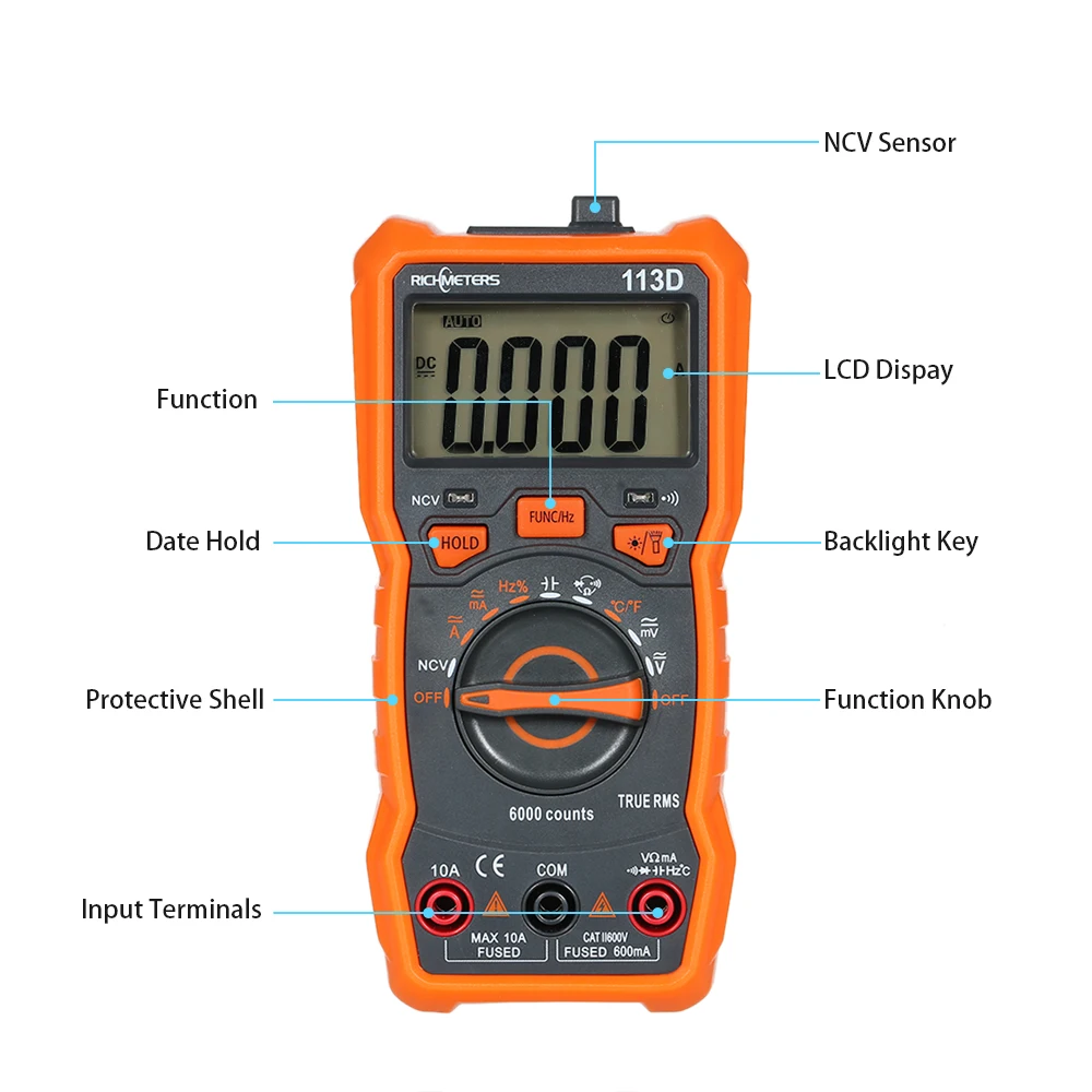 RM113D NCV Digital Multimeter 6000 counts Auto Ranging AC/DC voltage meter Flash light Back light Large Screen