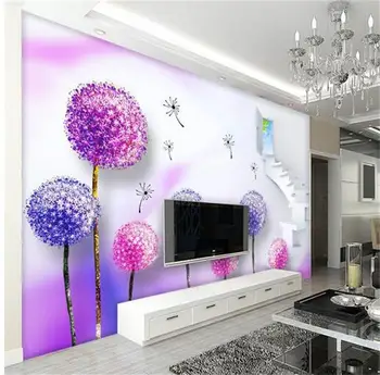 

custom 3d photo wallpaper room mural non-woven wall sticker Purple dandelion butterfly painting TV background wall 3d wallpaper