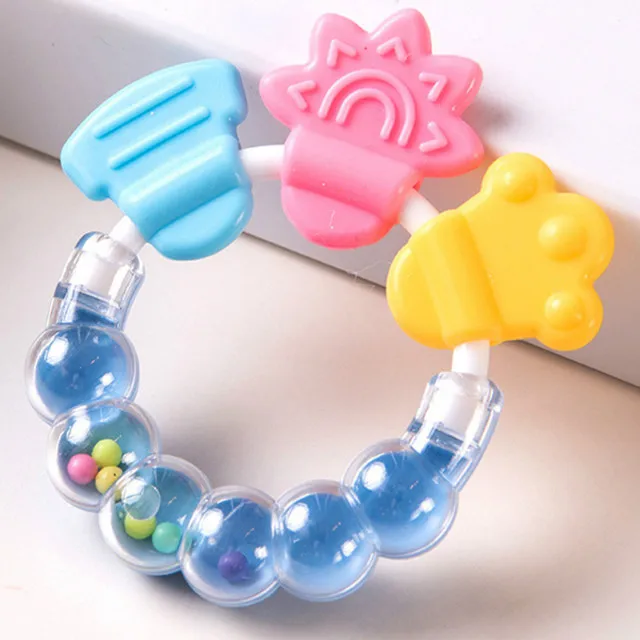 Cartoon Baby Teether Educational tools Chew Teeth Ring Biting Baby Rattle Toy Bed Bell Silicone Handbell Jingle Birthday Gifts Blue