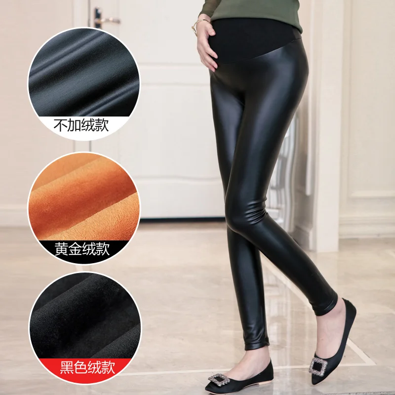 Tanie 8520 #2017 jesień zima PU legginsy ciążowe w pasie brzuch zagęścić ciepłe spodnie dla kobiet w ciąży czarny ciąża Legging