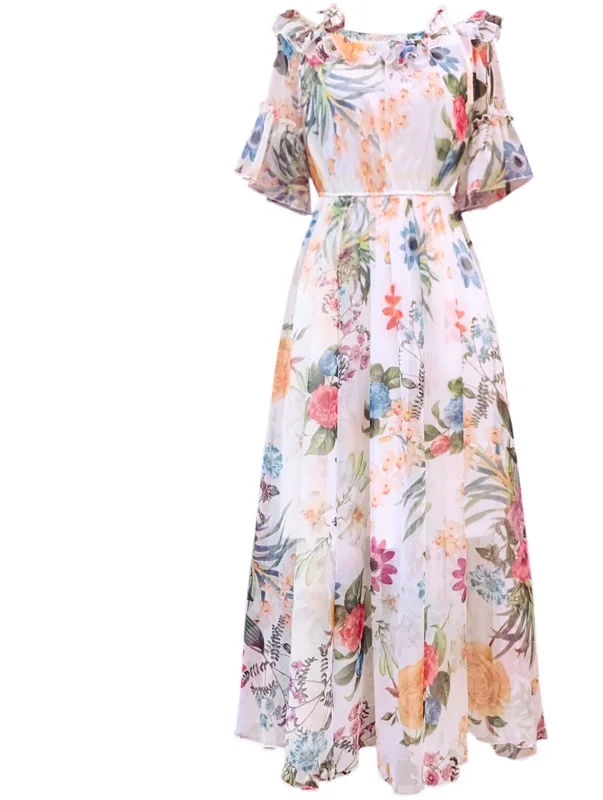 Летнее женское шифоновое длинное платье с цветочным принтом, элегантное платье с вырезом лодочкой, повседневное богемное сексуальное пляжное платье XXXXL18006