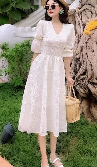 Женское летнее длинное льняное платье на пуговицах с v-образным вырезом, винтажный буф, рукав-трапеция, тонкая талия, женское платье, Ete Jurken - Цвет: Белый