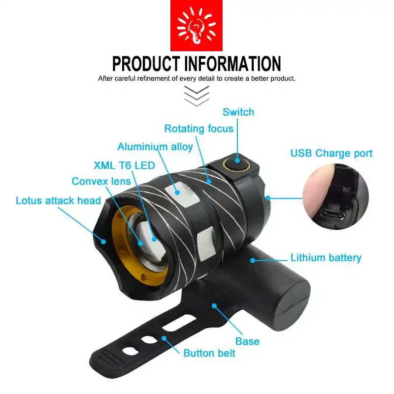 Flash Deal 15000LM T6 LED USB Line Rear Light Adjustable Bicycle Light 3000mAh Rechargeable Battery Front Bike Headlight Lamp 2