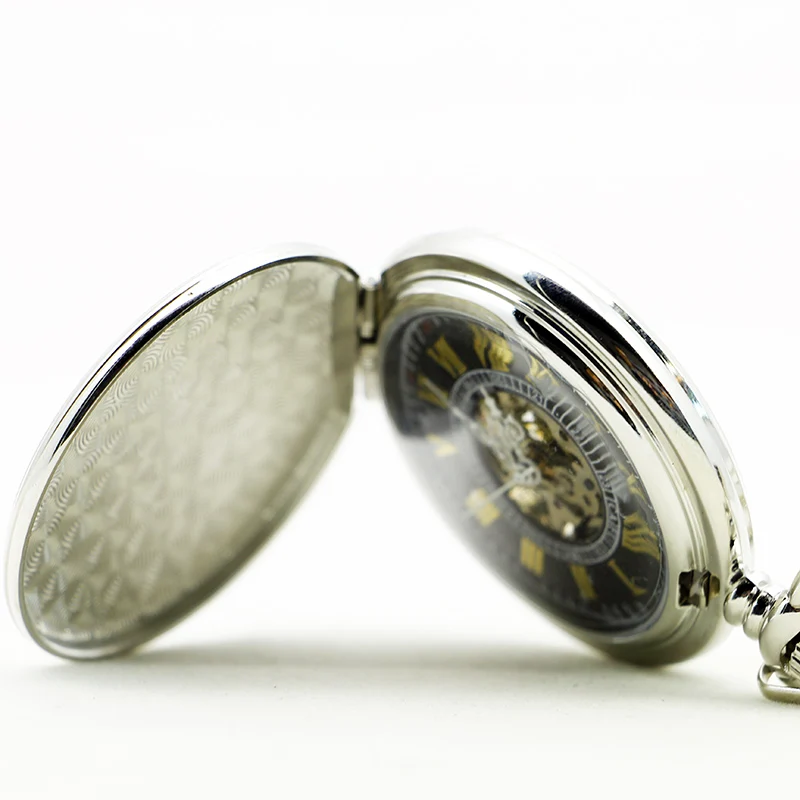 Модные серебряные щит дизайн Изысканная цепочка стимпанк кулон унисекс Механические карманные часы черный циферблат для мужчин женщин