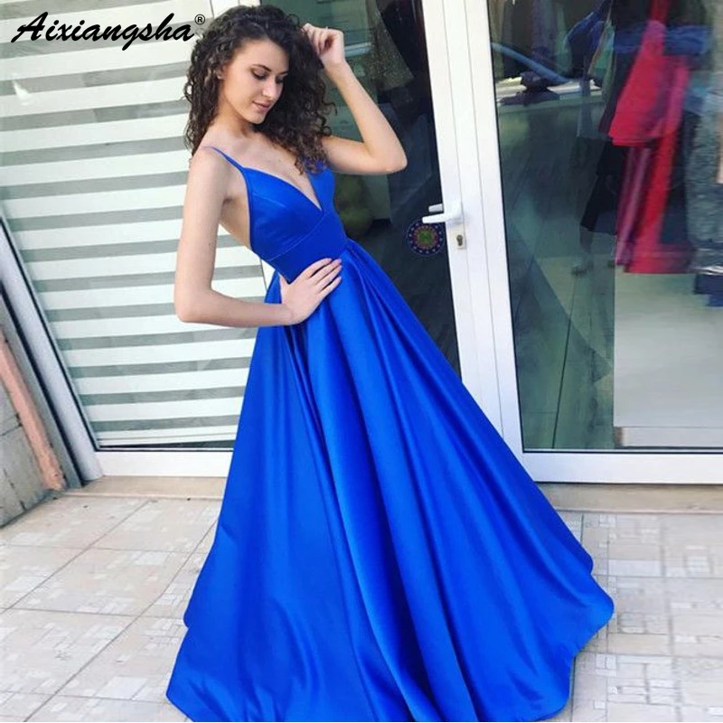 royal blue spaghetti strap prom dress