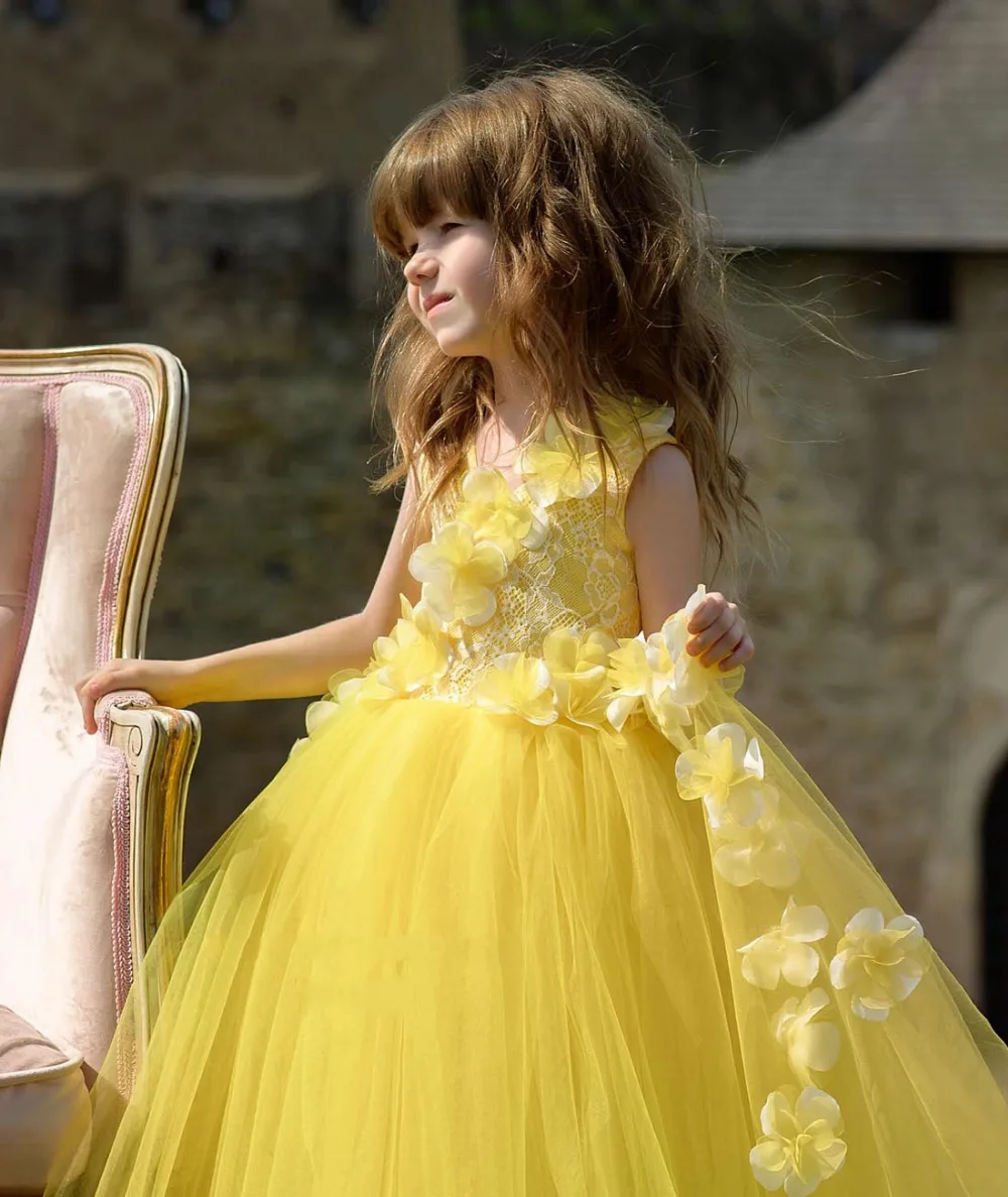 Милое ярко-желтое платье с цветочным узором для девочек, бальное платье с объемными цветами, нарядные платья для девочек, фатиновое платье до пола, vestido de daminha