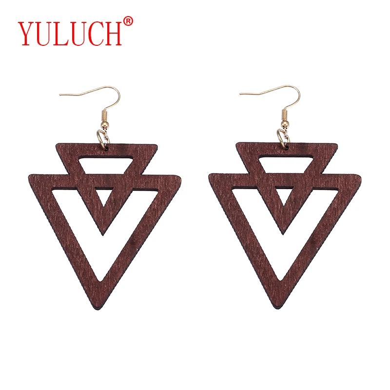 

YULUCH African Wooden Geometric Overlapping Inverted Triangle Hollow Pendant for Ethnic Woman Personality Earrings Jewelry