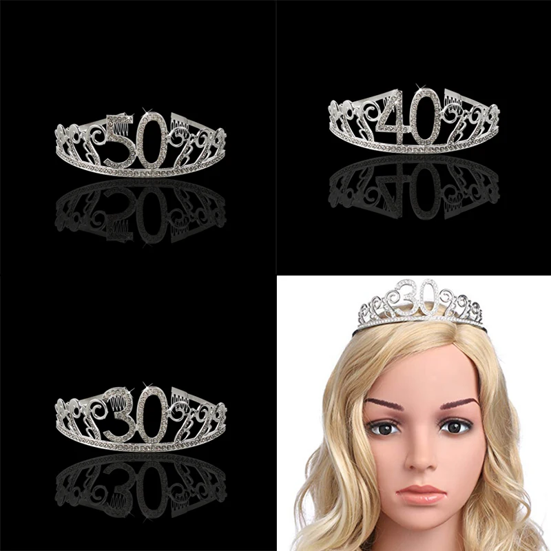 

MEIDDING 30 40 50 Birthday Party Decorations Adult Crystal Rhinestone Tiara Princess Crown Hairbands Happy 30th Birthday Decor