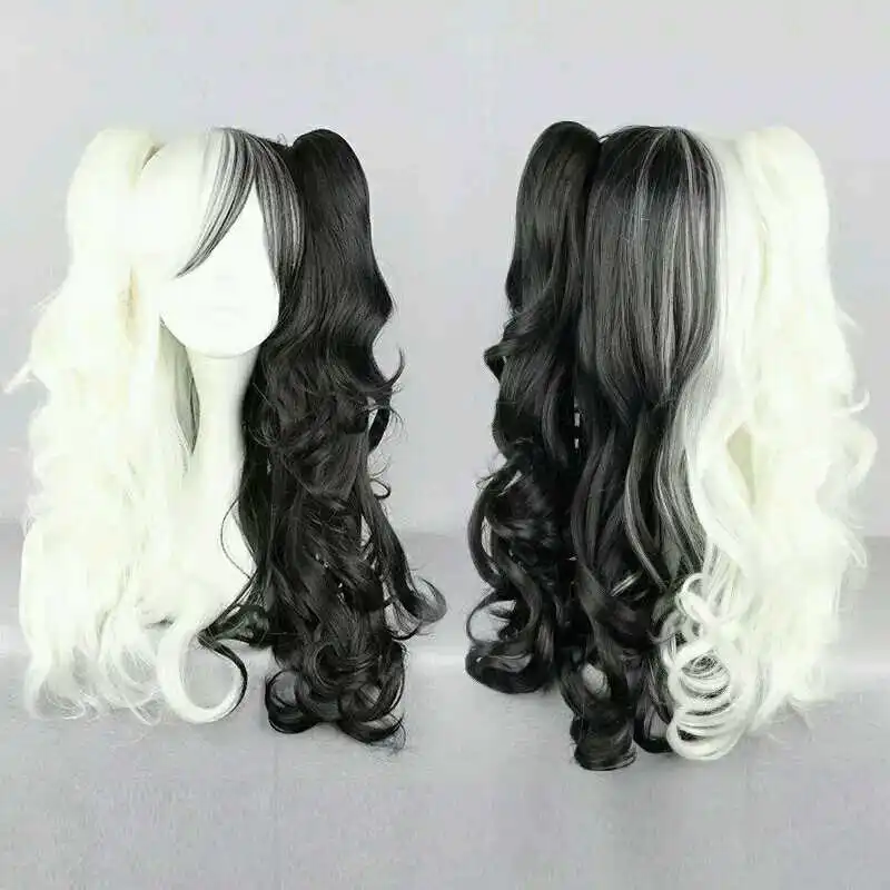

Danganronpa Monokuma Women Ponytails Curly Wig Cosplay Costume Dangan Ronpa Long White Black Heat Resistant Synthetic Hair Wigs