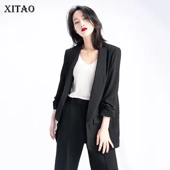 

XITAO Straight Women Blazer Korea Fashion New Pocket Wild Joker V Neck Cardigans White Black Elegant 2019 Autumn Coat WLD2342