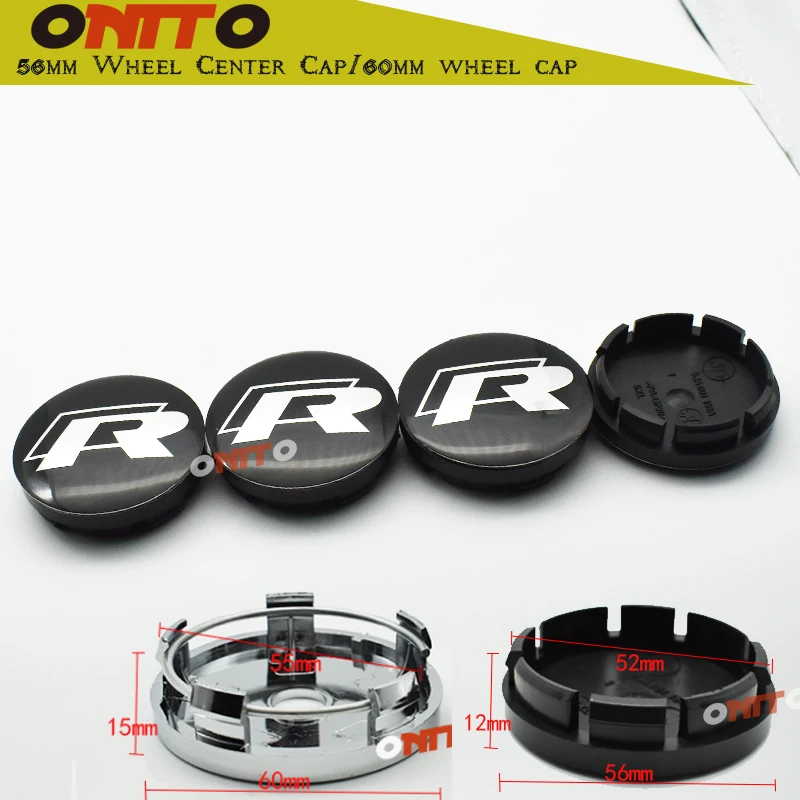 

4pc Black ABS 56mm 60mm 65mm R Line Car Wheel Center Caps Auto Accessories Emblem R logo For Scirocco Tiguan Wheel Centre Caps