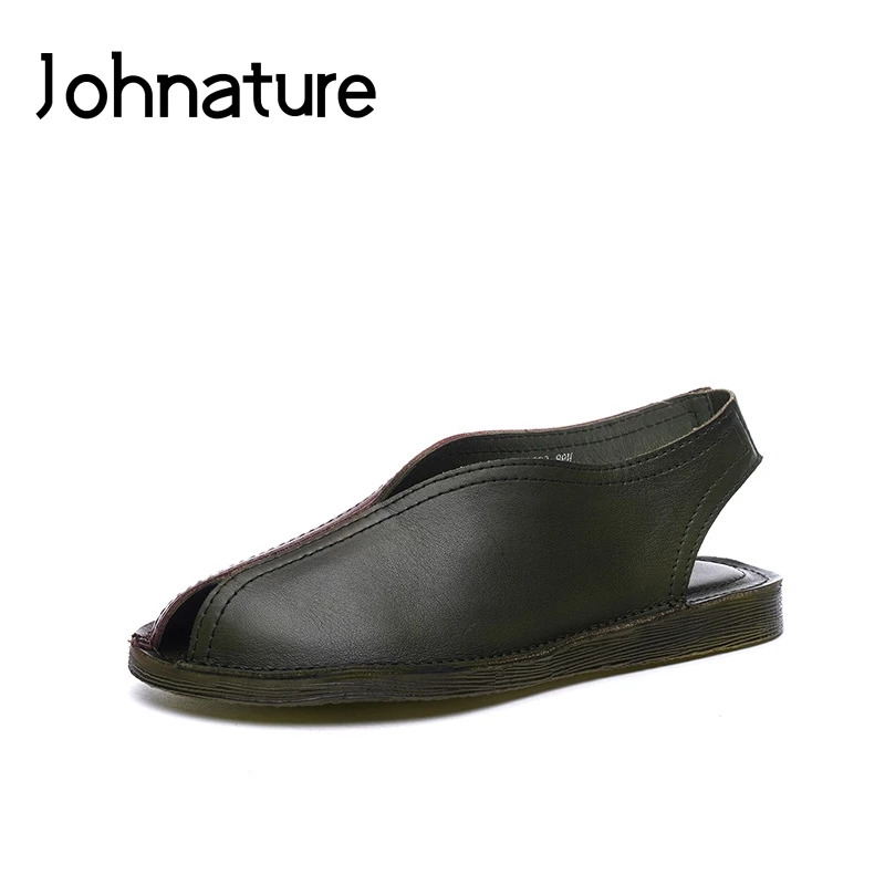 

Johnature Genuine Leather Casual Flat Sandals Elastic Band Mixed Colors Retro Sewing Back Strap Shallow Peep Toe Women Shoes