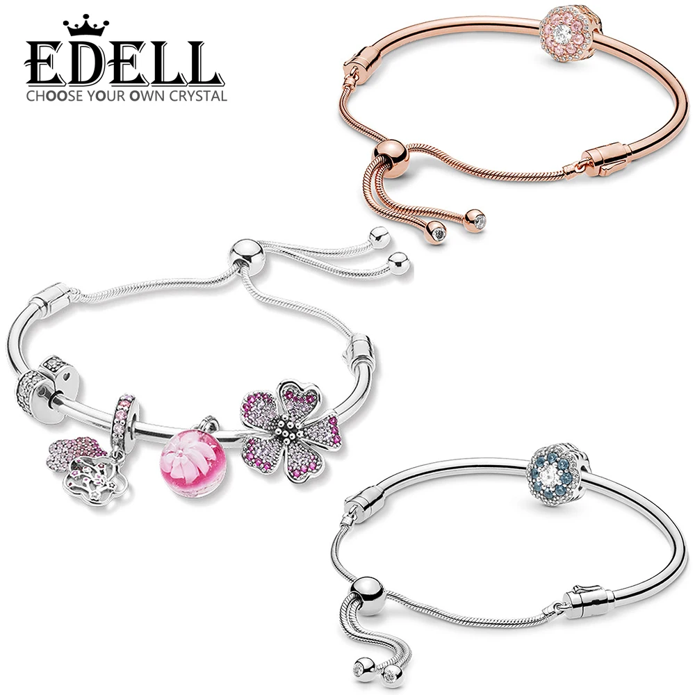

EDELL 100% 925 Sterling Silver ROSE PINK Shining FLOWER BANGLE SET Peach Blossom Spring Gift Set RAU0587 RAU0588 ZT0295