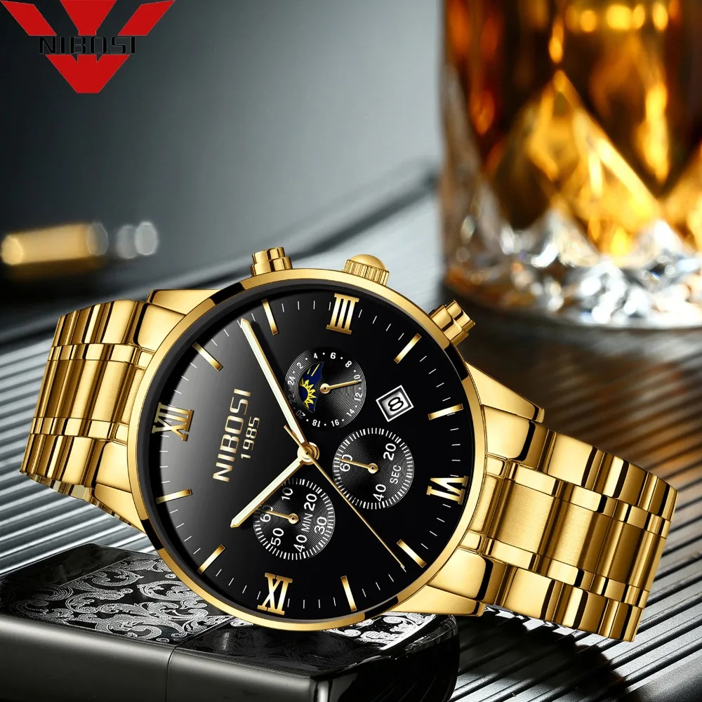 

NIBOSI Mens Chronograph Gold Watch Military Sport Quartz Wrist Watches Top Brand Fashion Luxury Relogio Masculino Reloj Hombre