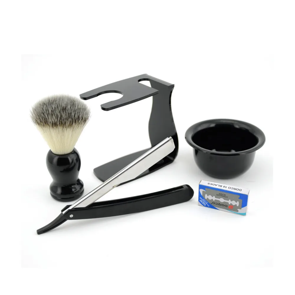 Kopen 4in1 Barber Straight Scheren Scheermes + Synthetisch Nylon Borstel + scheren Baard Zeep Kom + Borstel Stand + 10 Dubbele Rand Blades