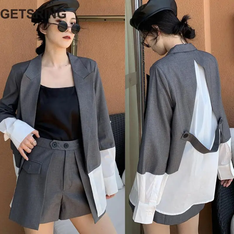 

GETSRING Women Set Suit Set Irregular Split Color Matching Suit Coat Leisure High Waist Pant 2 Piece Set Women 2019 New Fashion