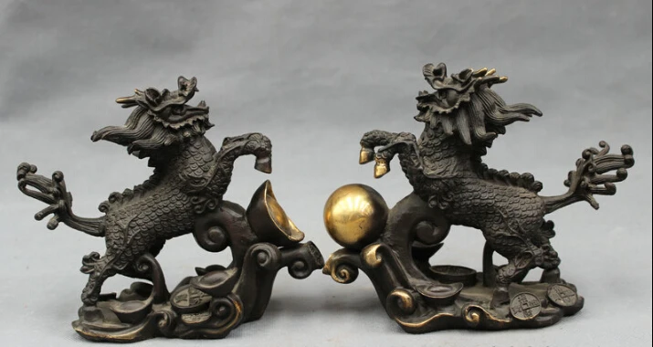

S0254 Chinese Pure Bronze Gilt Protect Dragon Kylin Ball YuanBao Coin Statue Pair