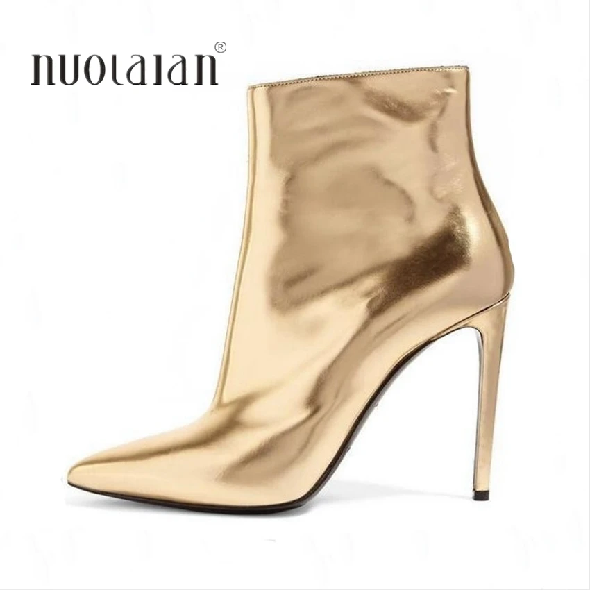 

2019 Women Boots Pointed Toe Ankle Boots Stiletto Heel High Heels Shoes Woman Short Plush Warm Female Boots Winter Gold Silver
