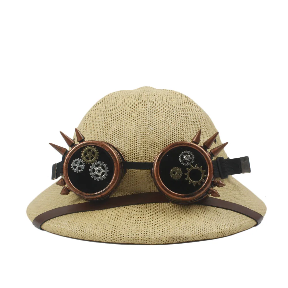 Новинка, соломенный шлем в стиле стимпанк, шляпа от солнца для женщин и мужчин, шапка в стиле вьетнамской армии, очки в стиле панк, сафари, джунгли, шахтеры, шапка 56-59 см