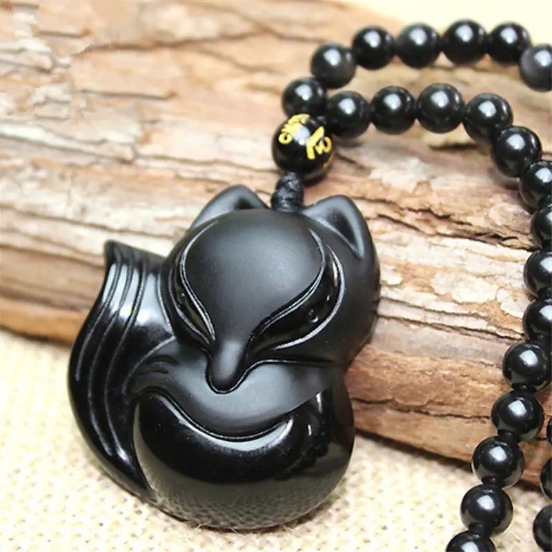 100% Natural Black Obsidian Hand Carved Big Cute Fox Lucky Pendant + Necklace | Украшения и аксессуары