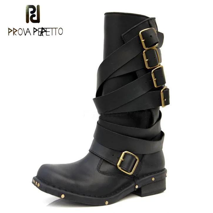 

Prova Perfetto Punk Style Women Platform Mid-calf Boots Black Brown Genuine Leather Buckle Strap Shoes Female Martin Boots
