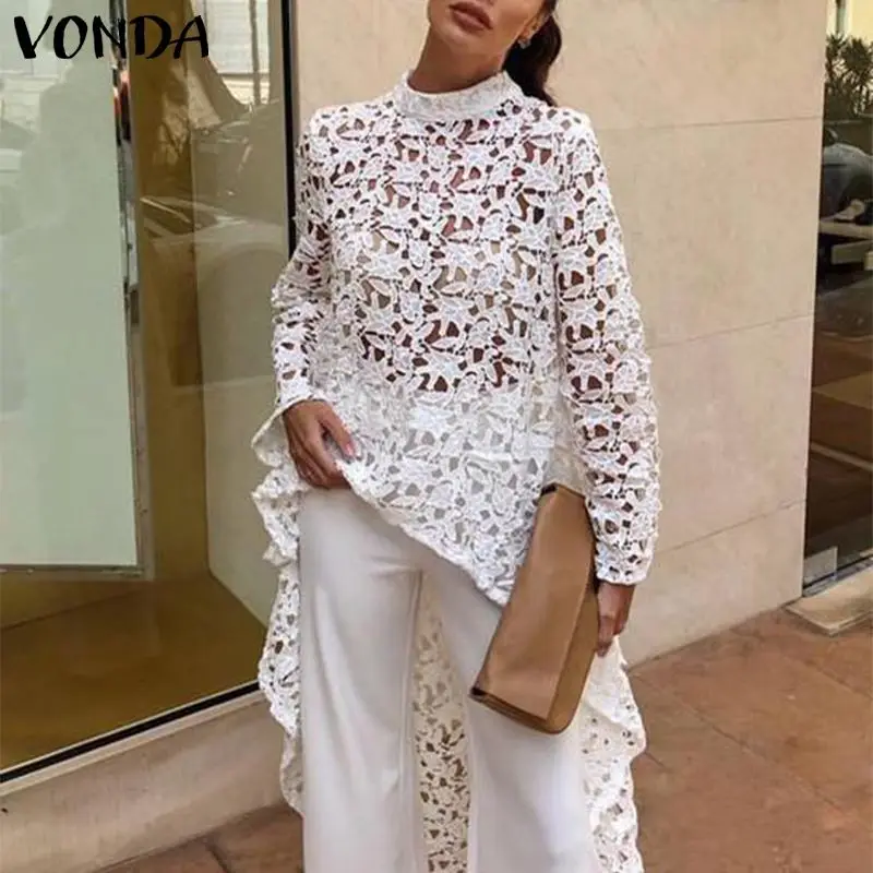 Koop VONDA Casual Lace Blouse Vrouwen Wit Tops 2019 Zomer Tuniek Sexy Onregelmatige Zoom Hollow Tops Sexy Blouse Strand Blusas Shirts s 5XL