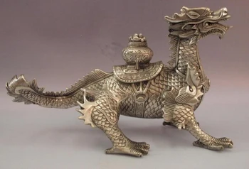 

song voge gem S1025 Chinese White Copper Silver Feng shui Lucky Beast Treasure bowl Dragon Statue