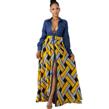 

Fashion 2019 Summer Women Patchwork Denim Print Dress Elastic Waist Button Turn Down Collar Long Sleeve Casual Dresses Big Swing