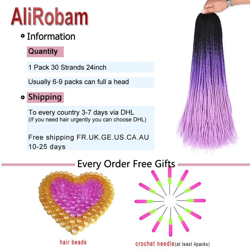 AliRobam 24 дюйма, вязанные крючком косички, Сенегальские накрученные волосы 30 Корни Омбре Цвет: фиолетовый, розовый, синтетические косички, волосы для афроамериканцев Для женщин