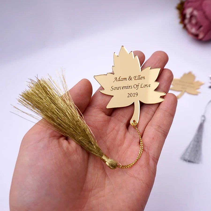 30 штук персонализированные листья пригласительные карточки 6 см Пользовательские слова акриловые зеркальные бирки с кисточкой Свадебные подарки для гостей