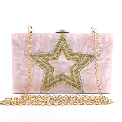 

New 2018 Acrylic Star Pearl Glitter Women Clutch Bag Chain Luxury Brand Women Messenger Bags Evening Handbag Acrylic woman bag