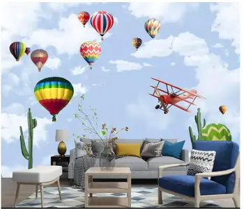 

Custom photo wallpaper for walls 3 d murals Blue sky, white clouds, hot air balloon, airplane, children's room, background wall