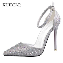KUIDFAR New Fashion Sexy Women Silver Rhinestone Wedding Shoes Platform Pumps Red Bottom High Heels Crystal Shoes