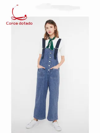 

Spring new style retro single-breasted wide-leg jumpsuit with age-reducing overalls denim trousers overalls women