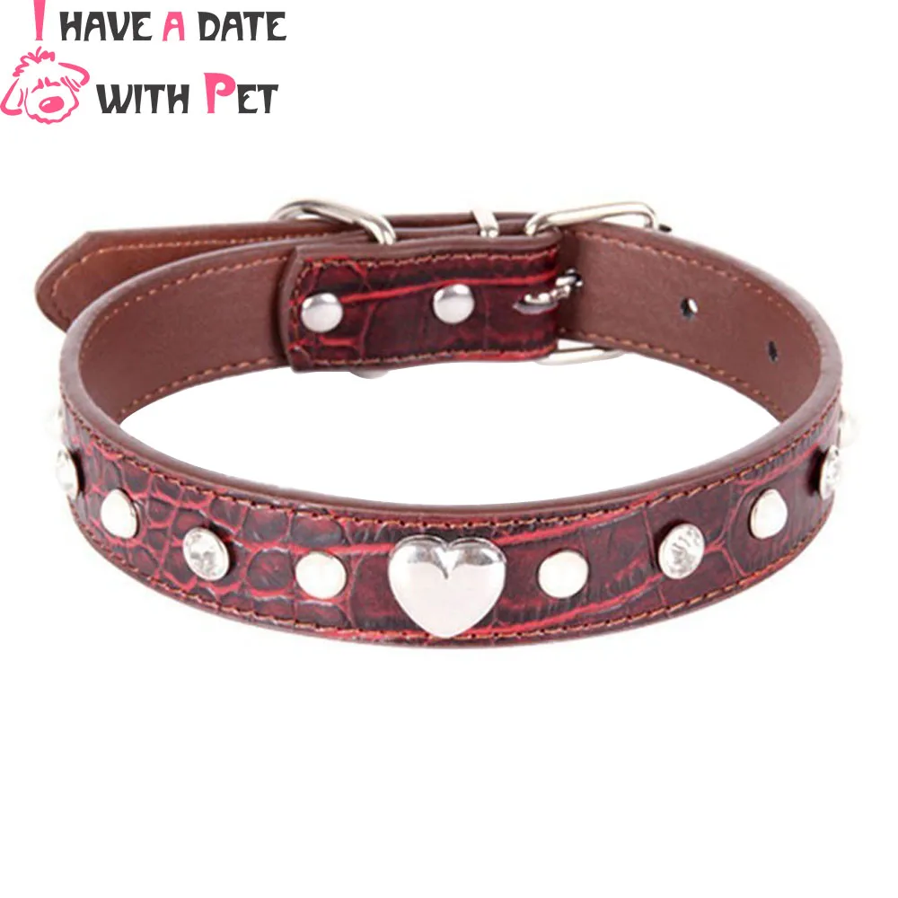 

Luxury Rhinestone Dog Collar PU Leather Adjustable Dog Strap for Small Medium Dog Heart-shaped accessories cat Collars XS/S/M/L