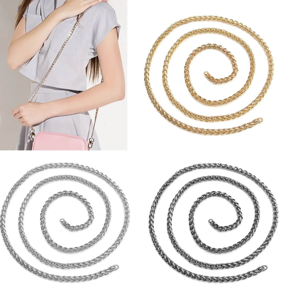 100cm Chain Bag Straps Metal DIY Strap Bag Parts Stainless Steel Crossbody Bag Replacement Long Belts Bands Gold Silver black