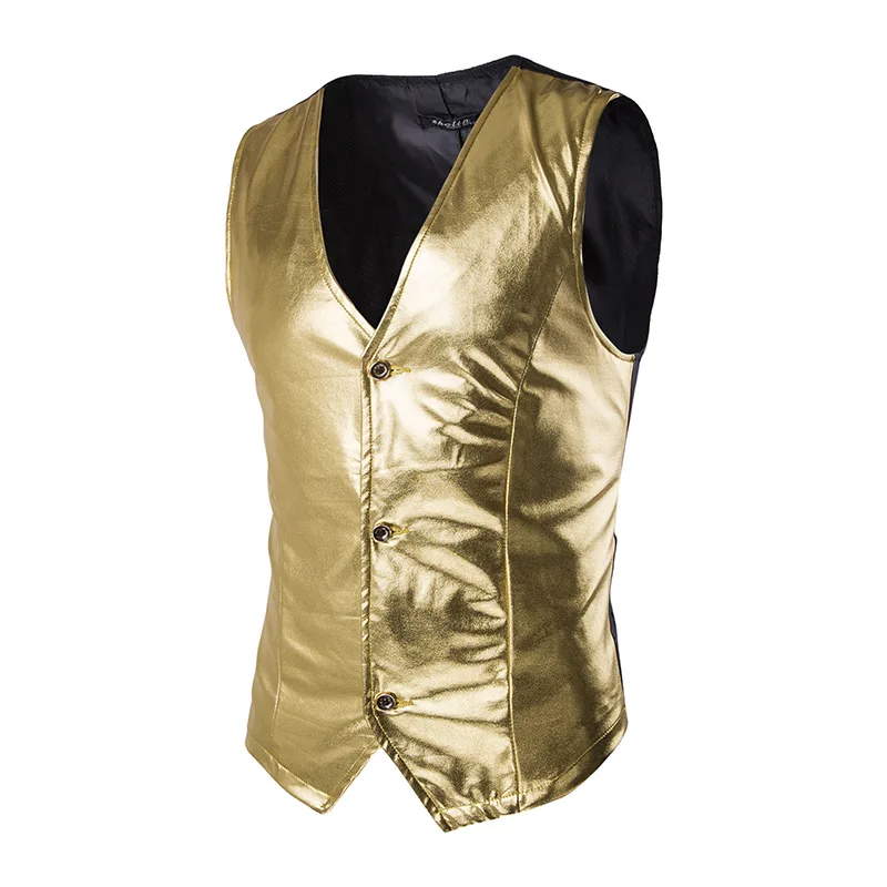 Gold Shiny Vest Men 2018 Brand New Night Club Coated Metallic Mens